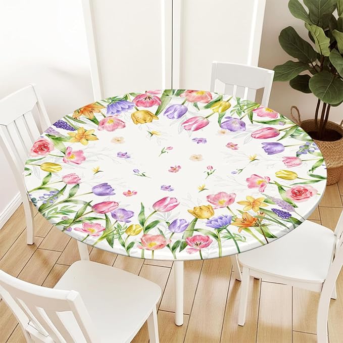 Spring Summer Easter Round Fitted Tablecloth with Elastic Edge Tulip Lavender Floral Circle Table Cloth for 48-52" Tables Wipeable Waterproof Farmhouse Flowers Table Cover for Picnic Dining Outdoor