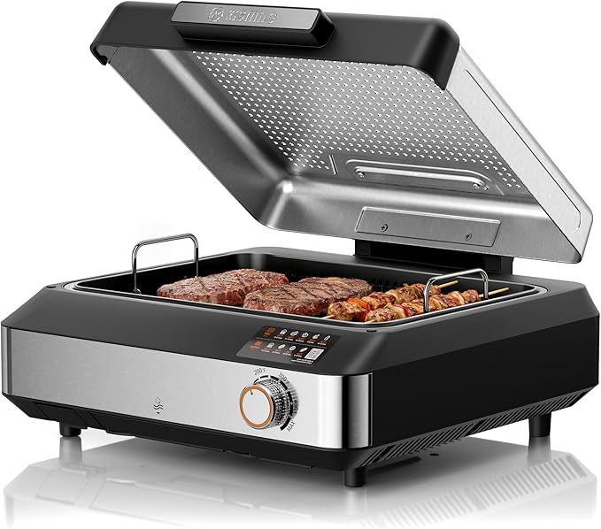 Kismile 2-in-1 Griddle and Indoor Grill,Electric Smokeless Grill with Temperature Control,Removable Plate,Portable Smoke-Free Griddle for Indoor Steaks,Vegetables,Family Cooking