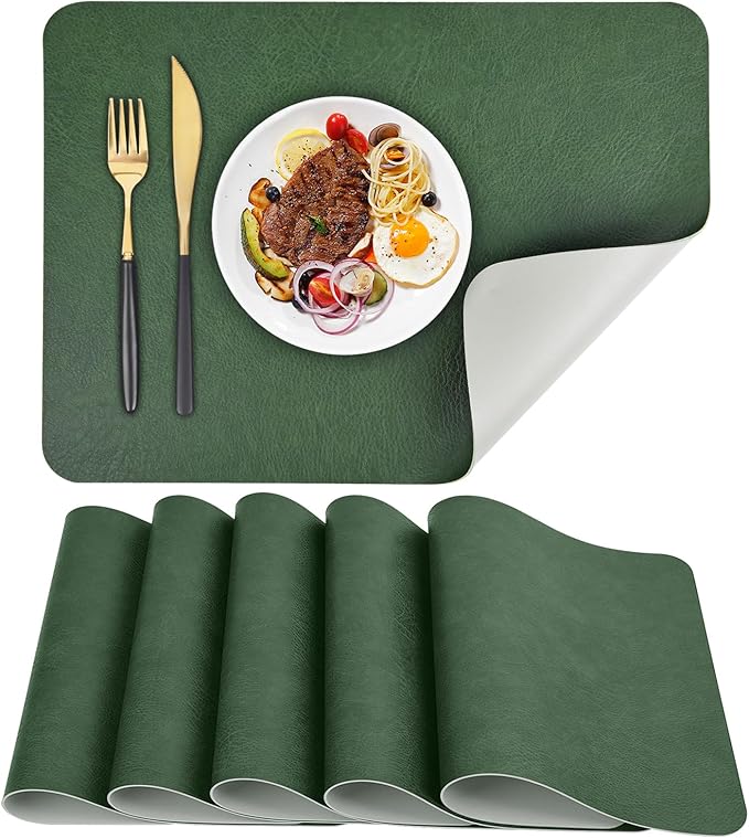 Faux Leather Placemats Set of 6 Table Mats Heat Resistant Reversible Place Mats, Waterproof Wipeable Dining Table Placemats for Home Party Outdoor, 15.8 × 11.8 inches (Green/Grey)