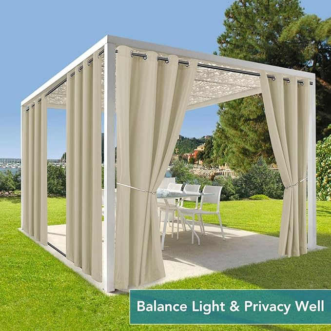 HolidayIdeas Outdoor Curtains for Patio Waterproof 4 Panels 110x84 Inch-Windproof Weatherproof Privacy Wide Cream Curtains-Grommet Top and Tab Bottom Drape for Pergola, Porch, Gazebo, Backyard