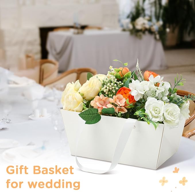 Tuanse 30 Pcs Basket for Gift Empty DIY Bulk Gift Basket Kit with Handle Kraft Cardboard Tray with 30 Bag 30 Bow Market Tray for Wedding Party(White,12.6 x 9.8 x 5.9 in)