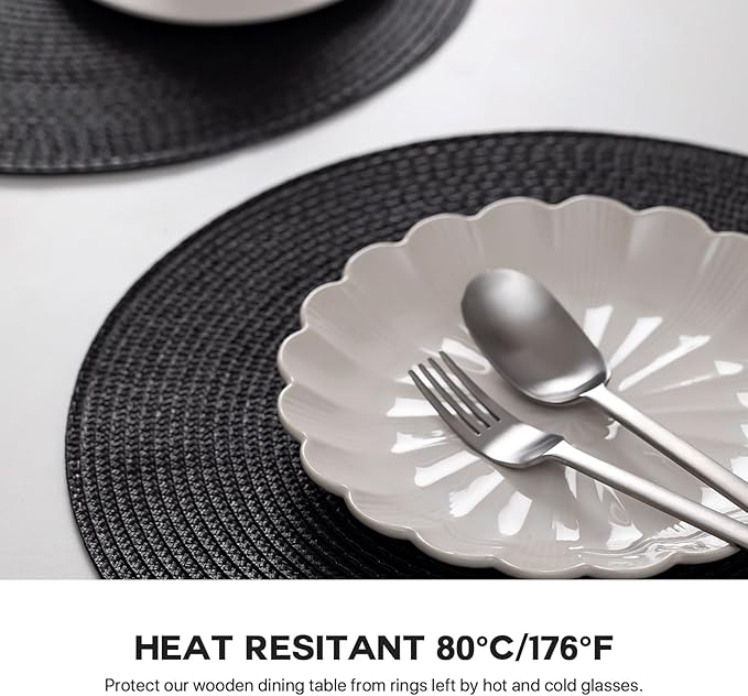 Round Placemats Set of 12 Plastic Woven Placemats Washable Wipeable Table Mats for Dining Table Heat Resistant Non-Slip Circle Place Mats (Black)