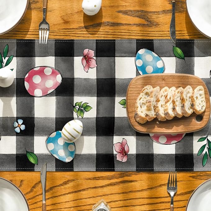 Artoid Mode Buffalo Plaid Bunny Egg Flowers Happy Easter Table Runner, Seasonal Spring Kitchen Dining Table Decor for Home Party Decor 13x60 Inch