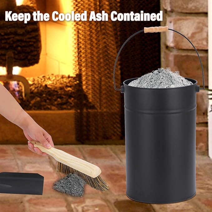 FEED GARDEN 5.15 Gallon Ash Bucket with Lid,Shovel,Broom Ash Can for Fireplace Fire Pits,Wood Stoves,Fireplace Galvanized Iron Bucket,Pellet Charcoal Bucket,Indoor Outdoor，Black