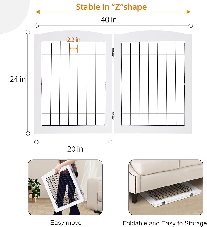 LZRS 2-Panel Freestanding Foldable Wood Dog Gate – Solid Wood & Steel Wire, Chew-Resistant Pet Barrier for Indoor Use, Ideal for Small to Medium Dogs, White