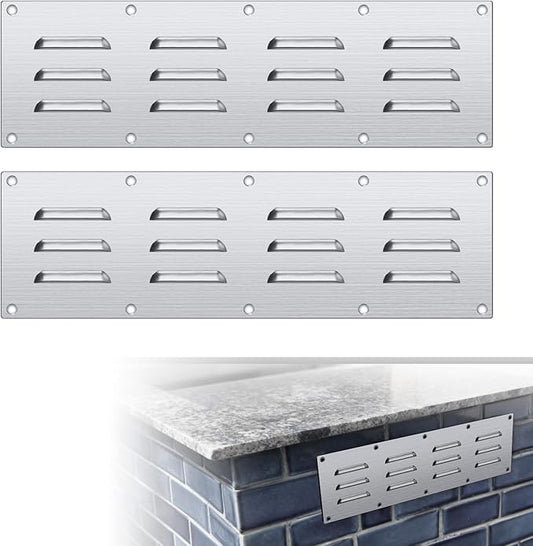 2 Pack Stainless Steel Venting Panel for BBQ Grill Accessory, 15x4.5 Inch (12-Slots), 304 Grade Metal Vent Cover for Masonry Fire Pits & Outdoor Kitchens, Weather Resistant, 15" by 4-1/2"