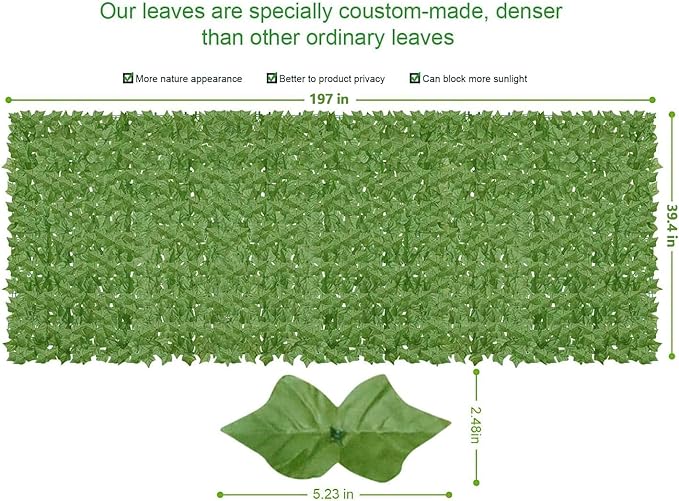 Artificial Ivy Privacy Fence Wall Screen,200x40 in UV-Anti Faux Greenery Backdrop Ivy Vine Leaf Hedges Fence Panels for Patio, Balcony, Garden, Backyard Indoor Outdoor Green Wall Decor