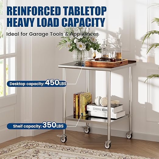 Stainless Steel Work Table with Wheels, 30x30 Inch NSF Food Prep Table with Backsplash & Adjustable Undershelf for Commercial Kitchen, Restaurant, Garage
