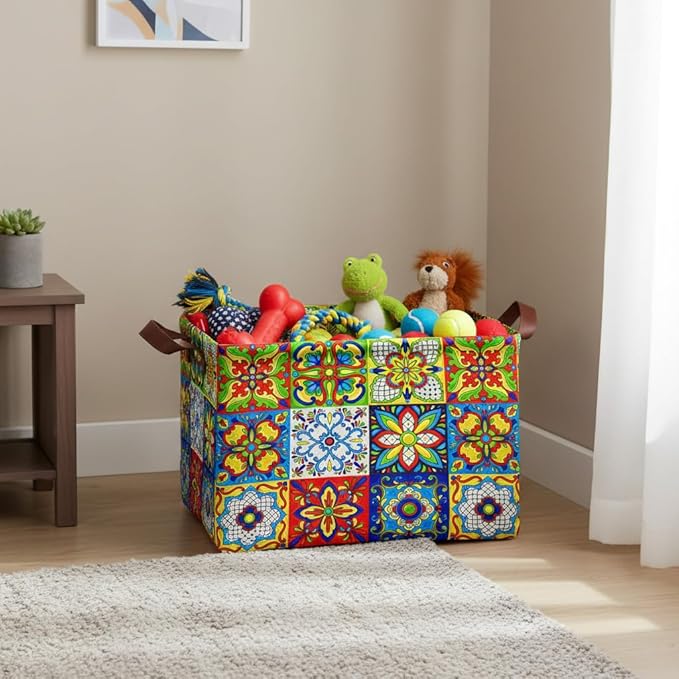 Mexican Talavera Decoration Storage Basket Waterproof Canvas Toy Storage Bin Collapsible Outdoor Basket with Leather Handles Mexican Talavera Decor Blanket Baskets For Closets,Bedrooms,Gifts Baskets