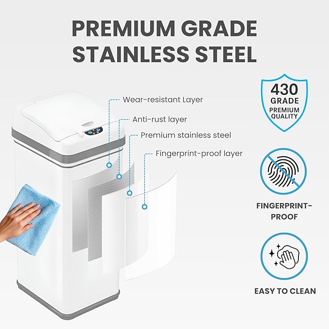 iTouchless 50 Liter / 13 Gallon Kitchen Trash Can with Lid & AbsorbX Odor Filter – Motion Sensor Chalk White Stainless Steel Garbage Bin for Home, Office, or Garage – Slim, Large Capacity Design