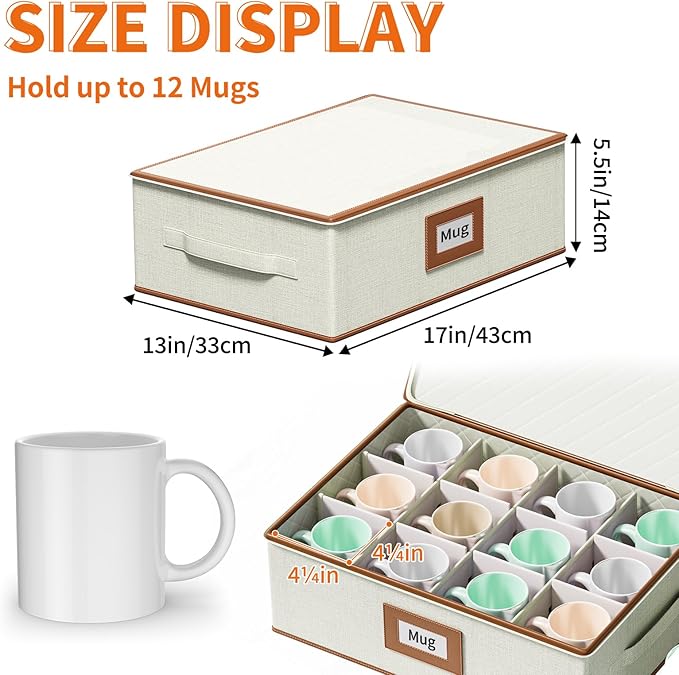 Aokeyee 2-Pack Cup and Mug Storage Box, Hard Shell China Storage Containers - Holds 24 Coffee Mugs, Tea Cups & Glasses, Stackable Organizers with Lid, Handles, Zippers & Label for Moving, Ivory