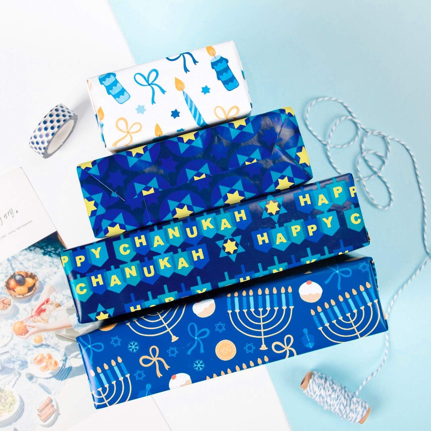 WRAPAHOLIC Hanukkah Wrapping Paper Set - Menorahs, the Star of David, Candles Design Chanukah Wrapping Paper Bundle with Gift Bow & Ribbon & Tag & Sticker