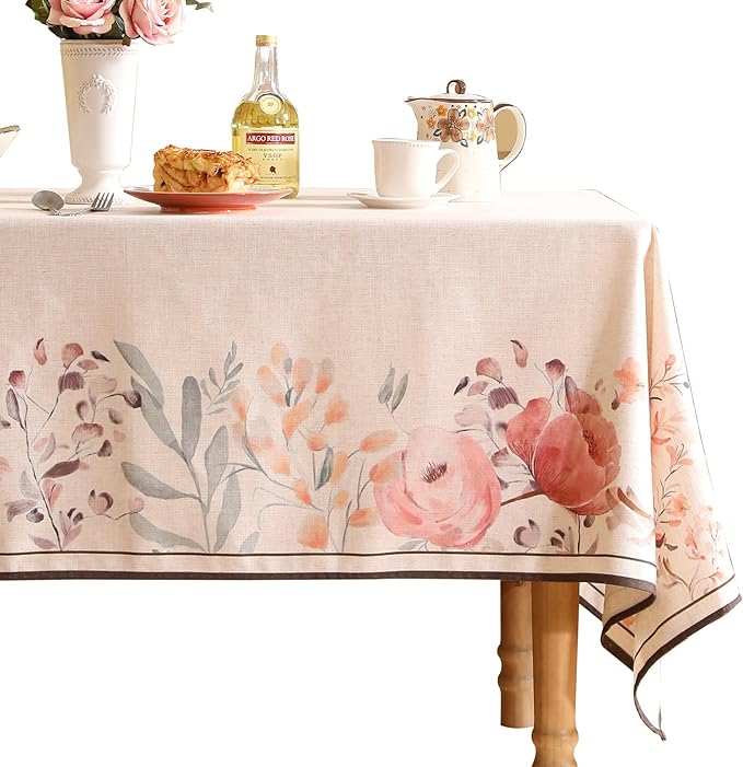 Linen Rectangle Tablecloth,French Vintage Pink Floral Pattern Wrinkle Free Table Cloth,Decorative Table Cover for Kitchen,Dining,Tea Party,Thanksgiving,Christmas,55"*87"-Sloosa