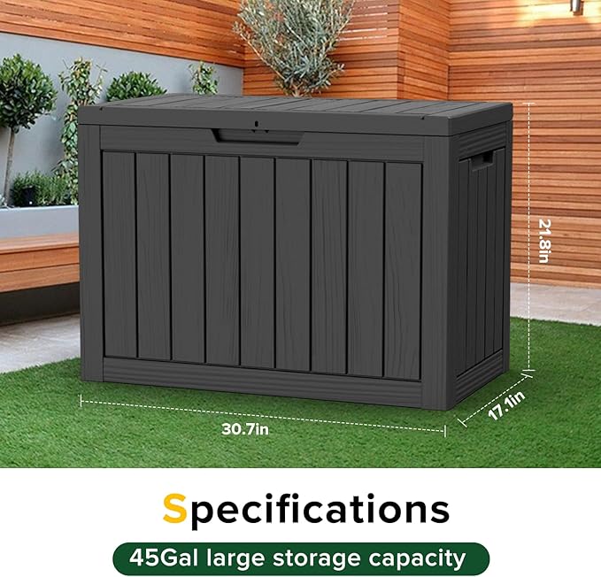 45 Gallon Resin Deck Box, Waterproof Outdoor Storage Box for Patio, Poolside, and Garden, Lockable UV-Resistant Storage Bin Bench Cabinet for Small Spaces, Black