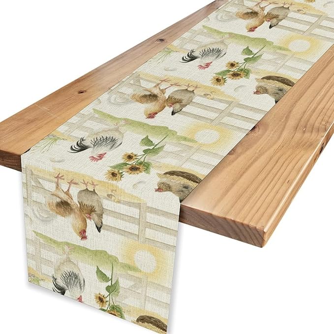 Farmhouse Rooster Table Runner, Sunflower Rooster Retro Farmhouse Sun Country Wooden Fence Chicken Coffee Table Center Decor for Home Kitchen Dining Patio Holiday Party Table Decorations 13"x36"