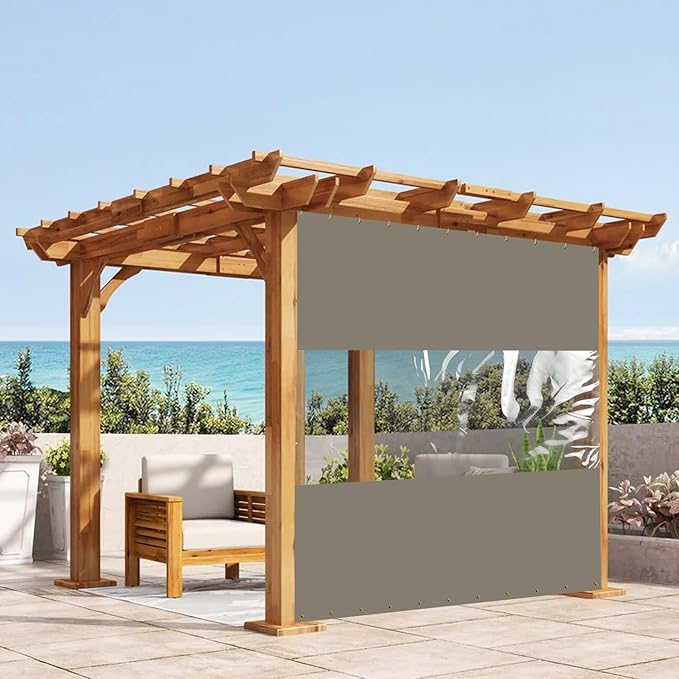 Covers & All Outdoor Clear Panel Curtain, 12 oz Vinyl Outdoor Curtains for Patio, Weather Resistant Waterproof Tarp with Brass Grommets for Pergola, Porch, Gazebos, Balcony (7'H x 10'W Feet, Beige)