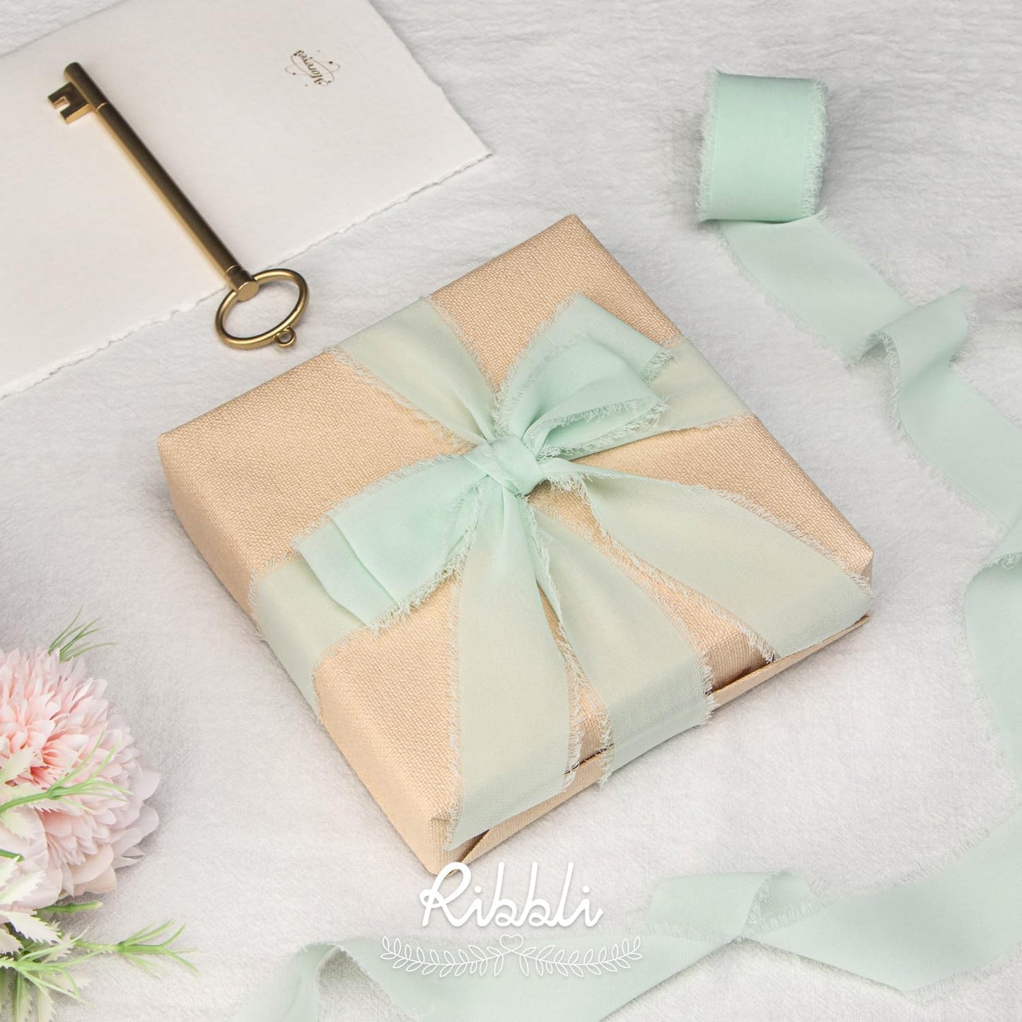 Ribbli Mint Green Chiffon Ribbon 1-1/2 inch x 20 Yard Handmade Fringe Chiffon Silk Ribbon, Mint for Wedding Invitations, Bridal Bouquets Wrapping, Flower Arrangement Decoration