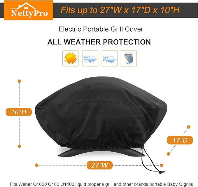 NettyPro Grill Cover for Small Q Series, Waterproof Heavy Duty UV Resistant Portable Grill Cover for Q 1400/1000 Series and Baby Q Gas, Black