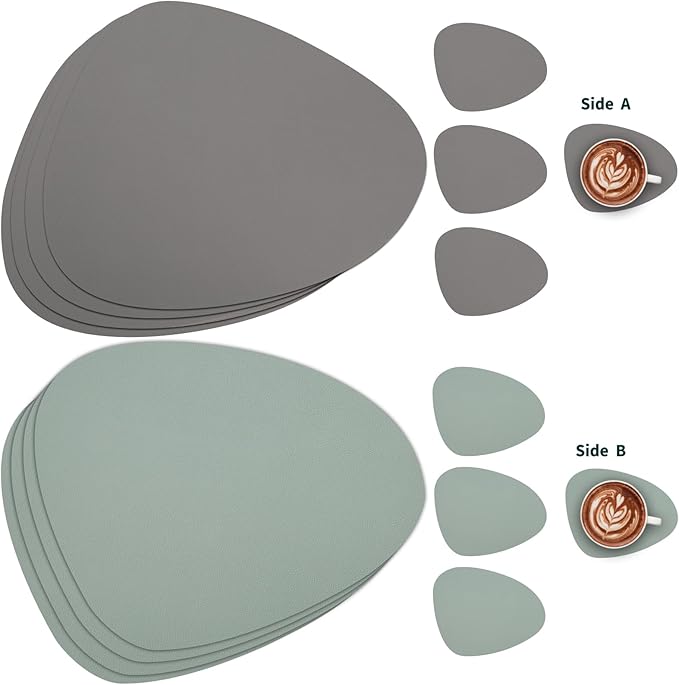Myir JUN Placemats, Dual-Sided Placemats Waterproof Faux Leather Placemats Set of 6 Place Mats and Coasters Non-Slip Washable Table Mats for Dining Table (Gray Sage Green, Set of 4)