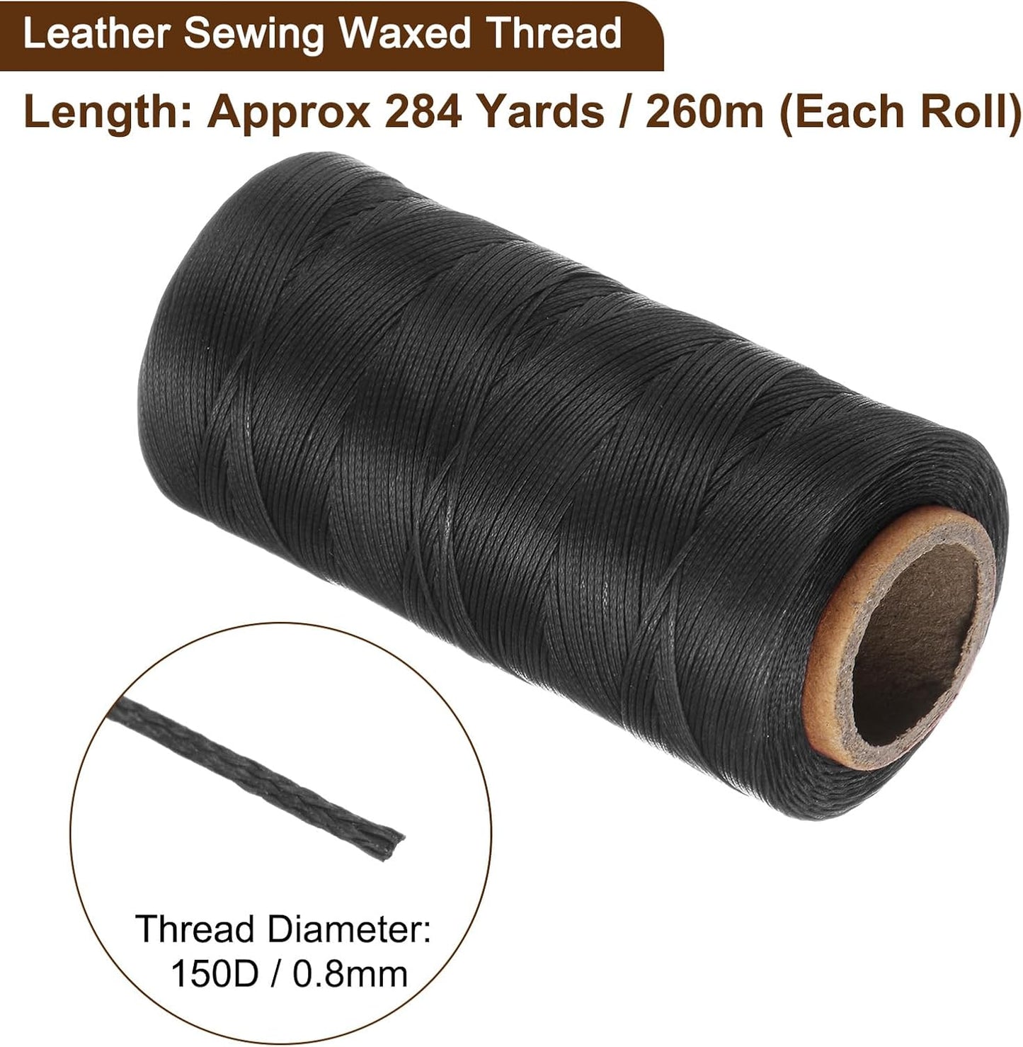 Uxcell 150D 0.8mm Flat Waxed Thread, 284 Yards Polyester, Black, Leather Sewing Waxed String