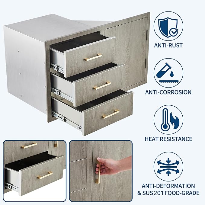 Stainless Steel Outdoor Kitchen Door Drawer Combo 38.2" W x 20.5" H x 22.6" D - Triple Drawers & Access Door, Propane Storage & Adjustable Garbage Ring, Weather-Resistant Flush Mount