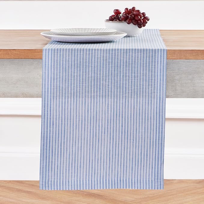 Solino Home Linen Table Runner 60 Inches - Narrow Stripe 100% Pure Linen Cornflower Blue and White Farmhouse Table Runner 14 x 60 Inch Ideal for Dresser and Coffee Tables - Winter, Spring, Easter