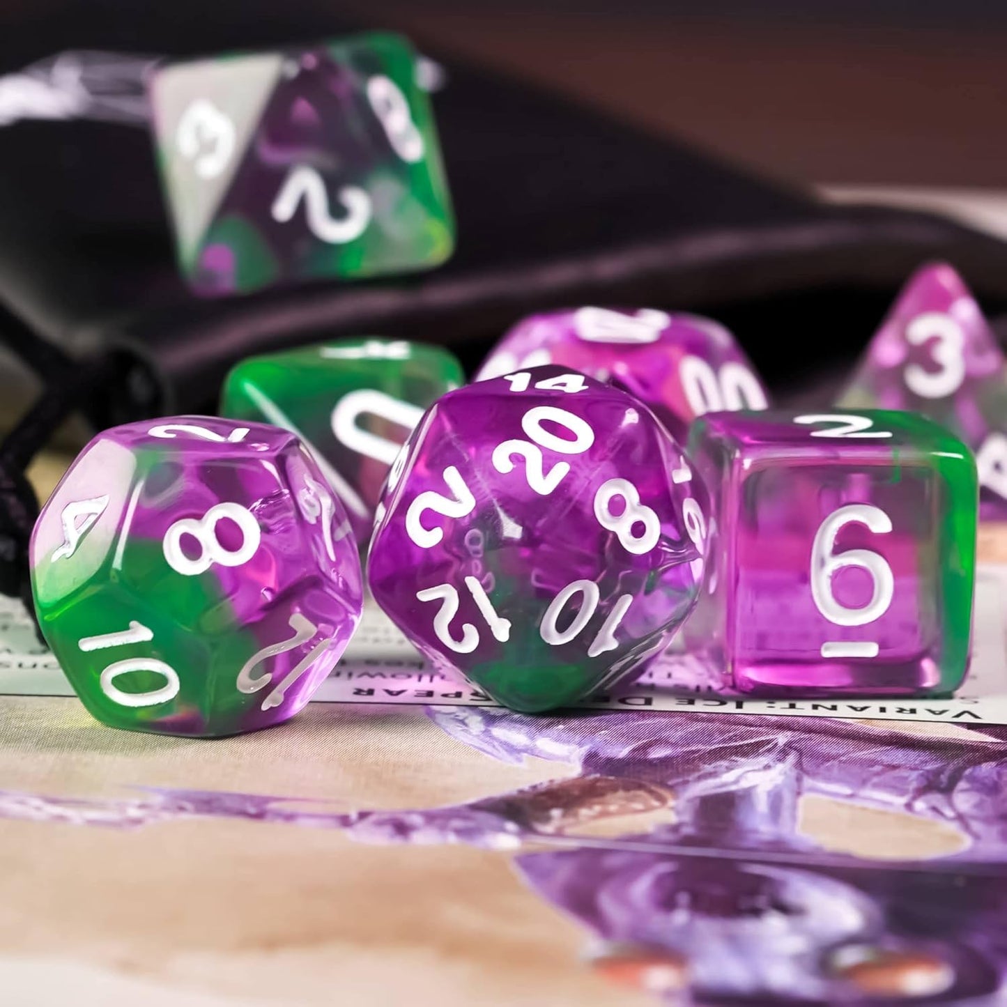 7-Die DND Dice Set Polyhedral Dice Set with a Leather Dice Bag, D&D Dice Set for Dungeons and Dragons, RPG, MTG Table Games (T/Purple Green)