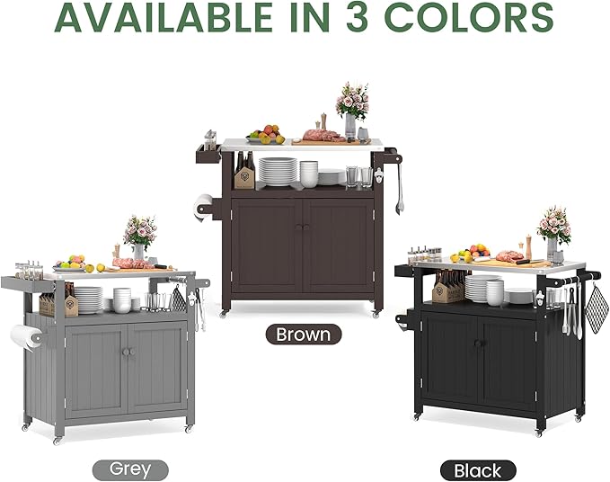 Weatherproof HIPS Outdoor Kitchen Island with Stainless Steel Top & Storage Cabinet, Movable Prep Table with Wheels for BBQ Food Prep, Outdoor Grill Cart for Parties, Grey