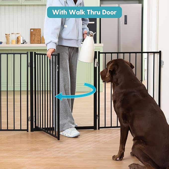 No Pawblems Free Standing Dog Gate with Door, 30'' Tall Foldable Dog Fence for Indoor & Outdoor, Up to 156 Inch Extra Wide Puppy Gate for Stairs, Hallways, Doorways, Deck, Yard (Black, 6 Panels)