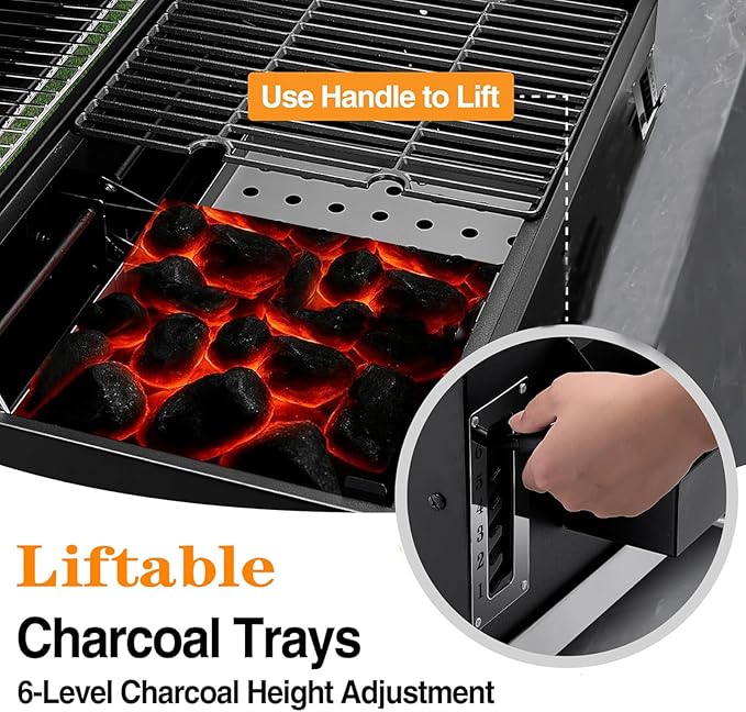 Large Built-in Barbecue Grills, Charcoal BBQ Grills with Liftable Tray, Insulated Hood & Temp Gauge, Black Stainless Steel Charcoal BBQ Barrel Grill for Outdoor Kitchen Camping Park Style