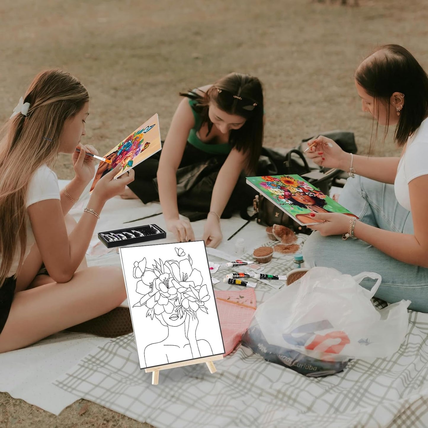 Cholemy 36 Pcs Paint and Sip Kit for Adults 8''x10'' Pre Drawn Canvas for Painting DIY Afro Acrylic Painting Kit Wood Easel Brushes Date Night Bulk for Christmas Party Gifts(Flower Lady)