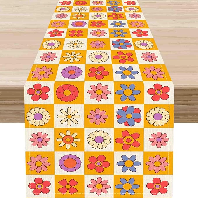 70s Table Runner, Retro Groovy Hippie Daisy Floral Colorful Checkered Funky Trippy Coffee Table Center Decor for Home Kitchen Dining Patio Holiday Party Indoor Outdoor Table Decorations, 13"x72" Inch