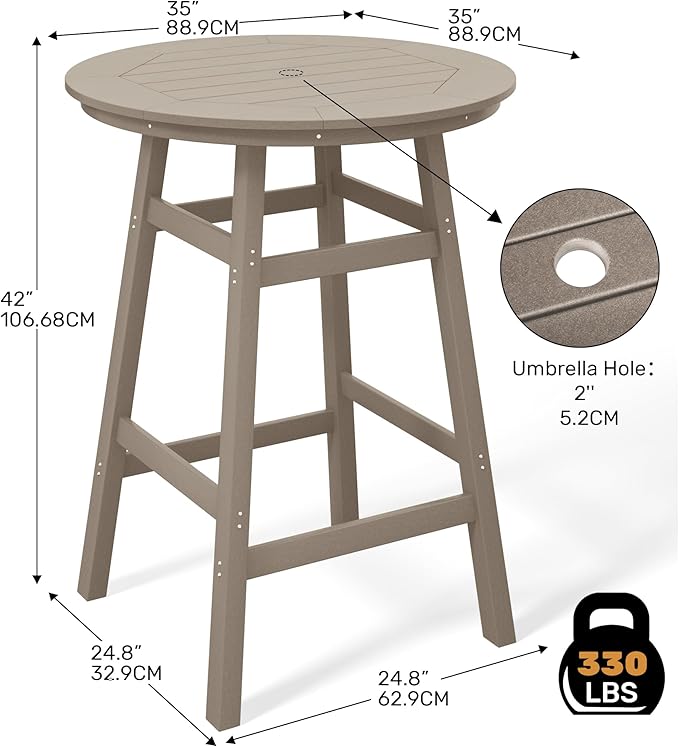 Costaelm Patio Bistro Table, 42" Counter Height Round Patio Cocktail Bar Table with Umbrella Hole, Outdoor Bistro Dining Pub Table for Front Porch Deck Backyard Garden, Weathered Wood