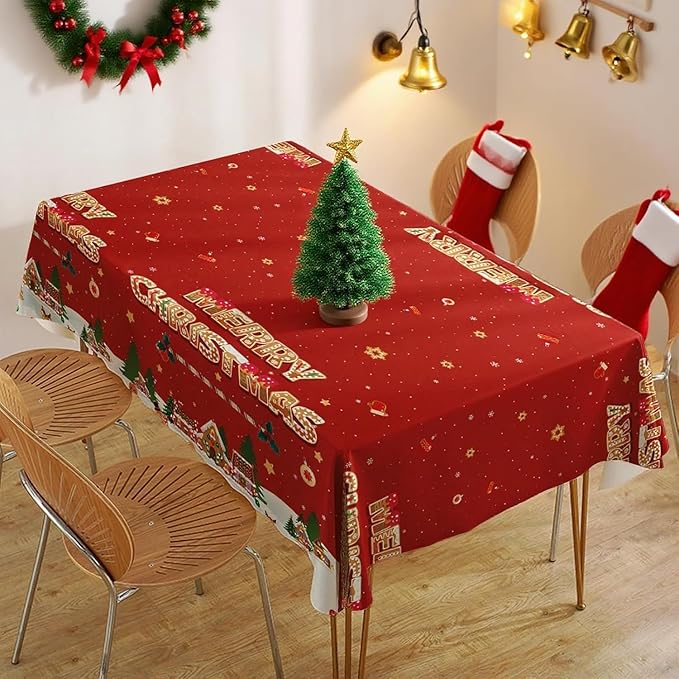 Merry Christmas Party Table Cloth Decorations Red Orange Gingerbread Plastic Xmas Tablecloths - 54x108inch Snowflake Christmas Tree Disposable Table Cover for Holiday Indoor Outside Home