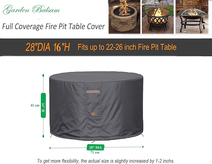 Fire Pit Cover 600D Heavy Duty Waterproof Fabric With PVC Coating Round 28" Dia x 16" H Dark Grey Fits 22-26 inch Fire Pit Table Fade Resistant Outdoor Firepit Cover