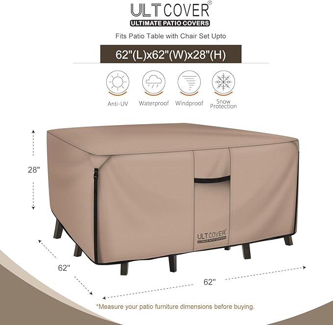 ULTCOVER Square Patio Heavy Duty Table Cover - 600D Tough Canvas Waterproof Outdoor Dining Table and Chairs General Purpose Furniture Cover Size 62 inch