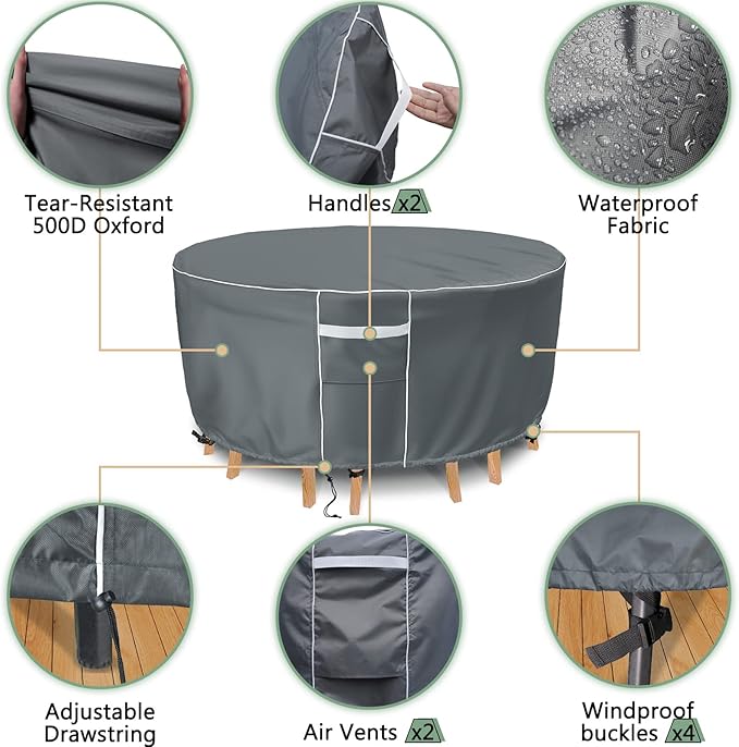 Gasadar Round Patio Table Cover Waterproof, Outdoor Furniture Covers for Round Table Set, 600D Heavy Duty, 96" Dia x 28" H, Grey