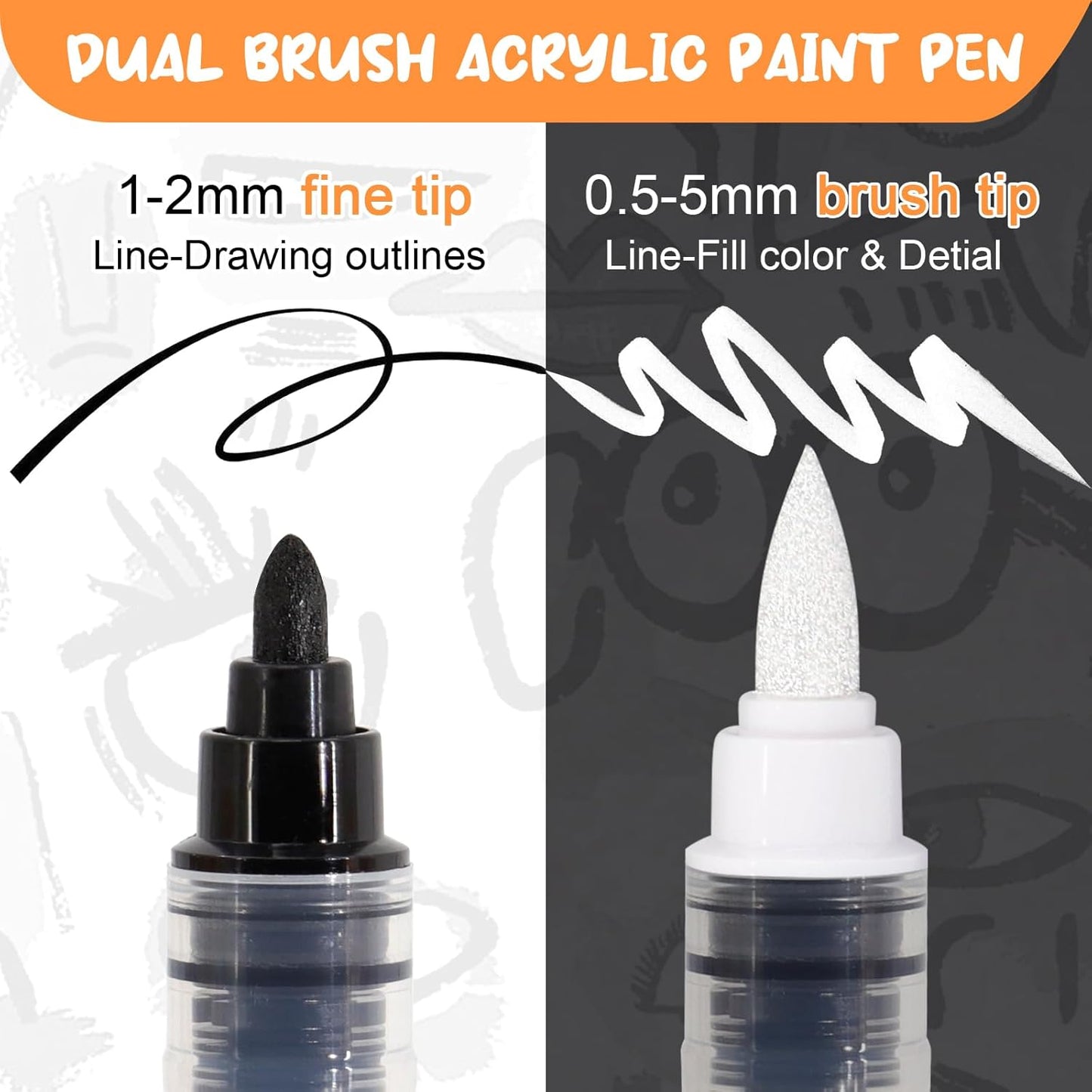 Black White Acrylic Paint Pen Brush, 6PCS Dual Tip Automatic Ink-control Acrylic Markers for Rocks, Metal, Glass, Wood, Fabric, Porcelain, Ceramic