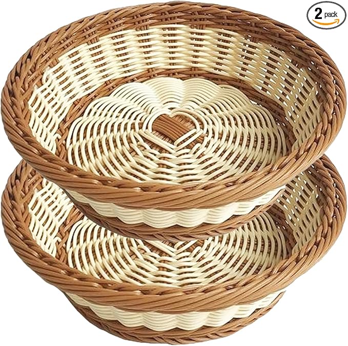 RT&BS 2pcs Round Wicker Bread Basket, Christmas Food Baskets, Eco-Friendly Sturdy Stackable Fruit Basket for Kitchen, Store, Restaurant, Party (Bicolor, M)