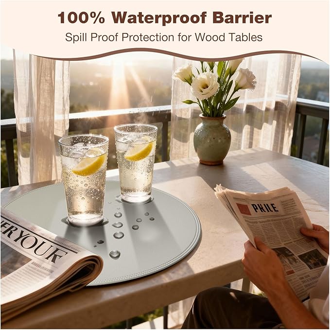 Round Vinyl Gray Placemats Set of 6, Faux Leather Waterproof Wipeable Heat Resistant Place Mats, Washable Table Mats for Halloween, Thanksgiving & Christmas Dinner(Gray)