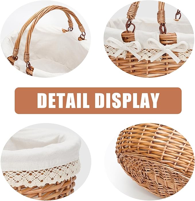 G GOOD GAIN Oval Picnic Basket with Folding Handles, Willow Hand Woven Shopping Basket, Bath Storage Gift Packing Basket, Wicker Empty Easter Eggs and Candy Small Gift Basket.Cream