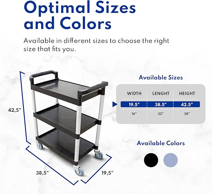 New Star Foodservice 54552 350-Pound Plastic 3-Tier Utility Bus Cart with Locking Casters, 42.5" x 19.5" x 38.5", Black