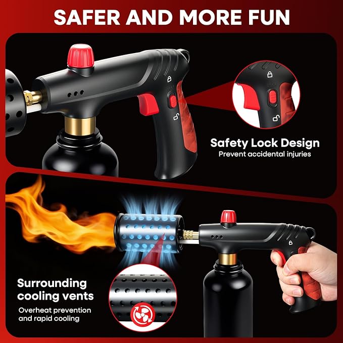 Propane Torch, Cooking Blow Torch Gun with Safety Lock, Charcoal Lighter, Flame Thrower, Kitchen Food Torch Head for Grill, Sous Vide, BBQ (Tank Not Included) (Peach wood)