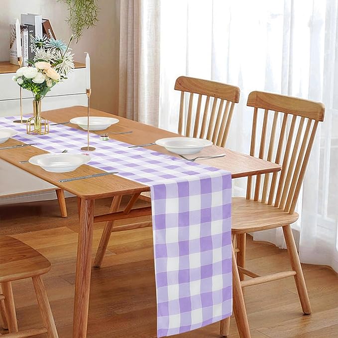 Fabric Checkered Table Runner 12 Pack Waterproof Gingham Table Runner 14W x 108L Buffalo Check Table Runners for Parties Kitchen Dining Wedding Banquet (Lavender and White)
