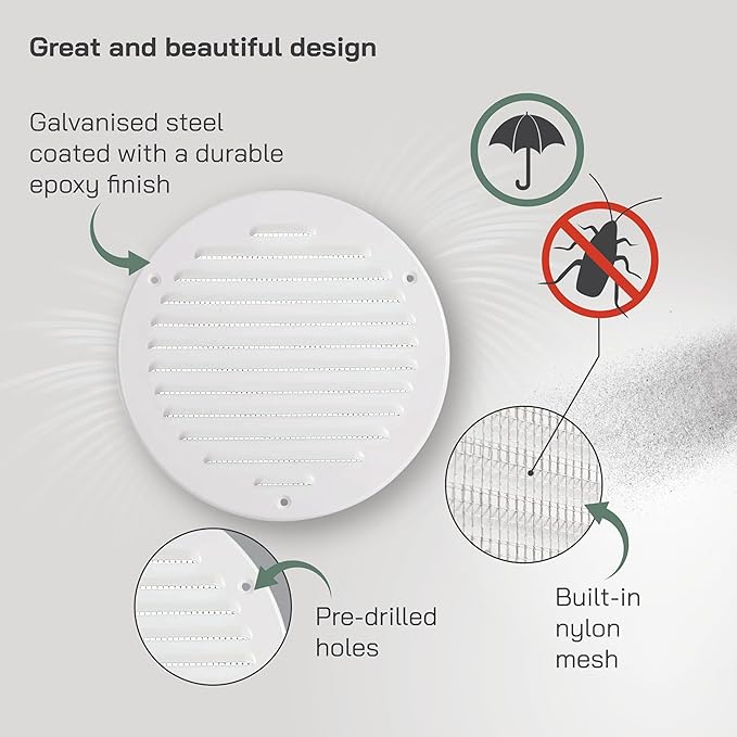 Vent Systems 6 Inch (Inner) Pack of 5 White Vent Cover - Round Metal HVAC Return Air Grille with Mesh Screen - Register Soffit Wall Vent - Outdoor, Indoor, Crawlspace - Exhaust Ventilation Grill