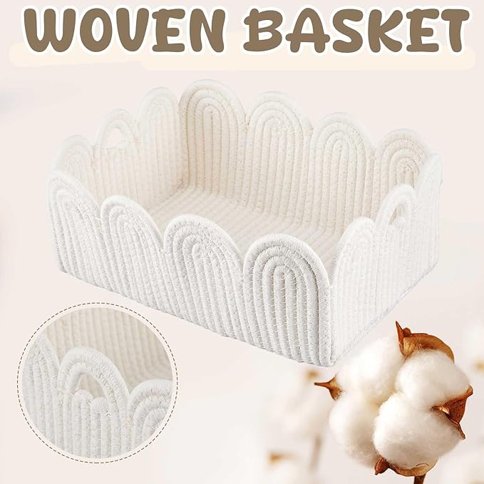 2 Pcs Small White Scalloped Wicker Hand-Woven Rattan Baskets with Built-in Handles and Clear Gift Bags 12"X 8" X 5" for Baby Diaper Caddy Basket Baby Shower Gifts Easter Egg Storage