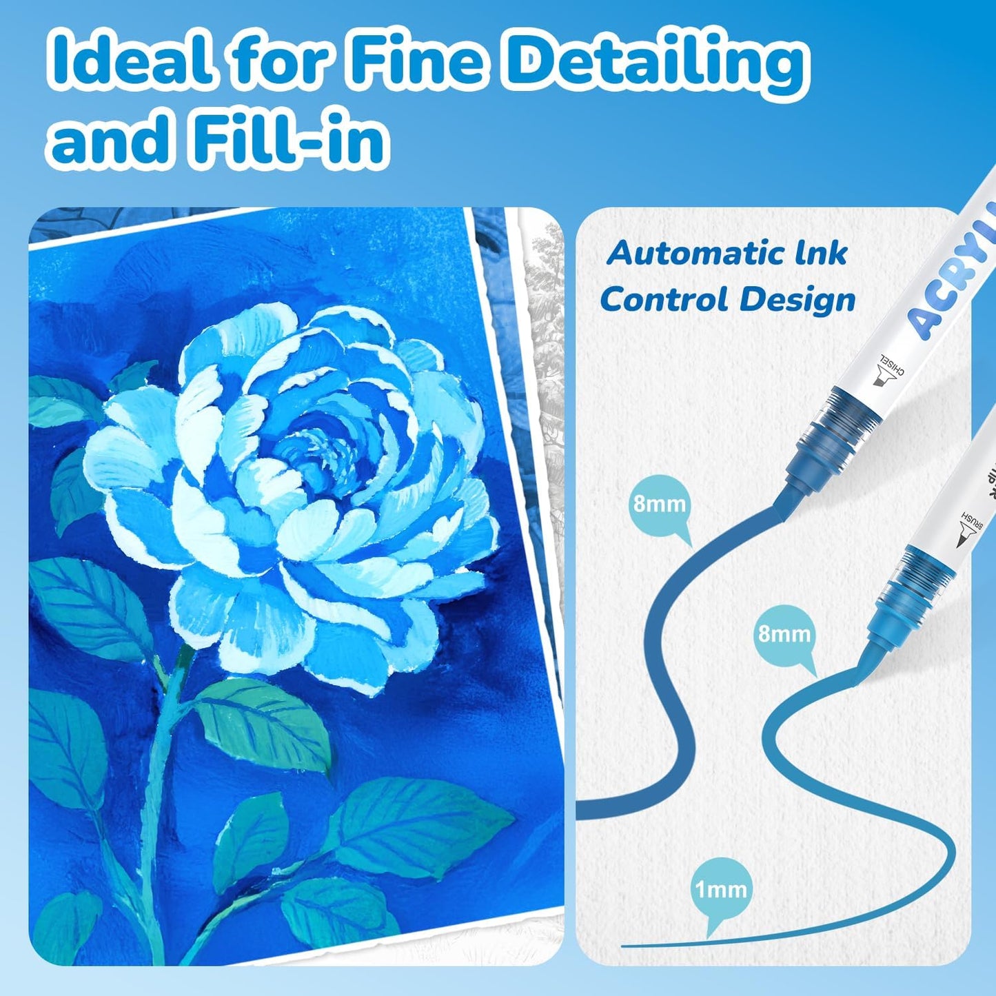 Guangna 12 Blue Dual Tip Acrylic Paint Markers, Brush Tip & Chisel Tip Acrylic Paint Pens for Rock, Wood, Glass, Paper, Coloring Book, Ceramic, Canvas, Water-Based Ink