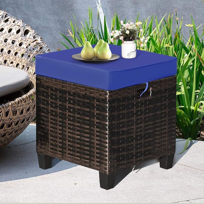 Tangkula 2 Pieces Outdoor Patio Ottoman, All Weather Rattan Wicker Ottoman Seat, Patio Rattan Furniture, Outdoor Footstool Footrest Seat w/Removable Cushions