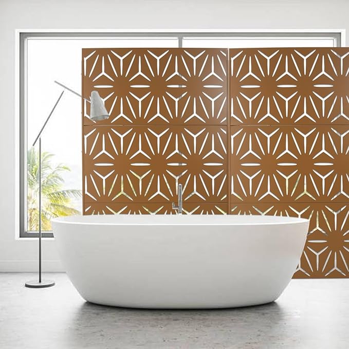 Outdoor Privacy Screen, 76" H x 48" W Decorative Metal Panel, Steel Privacy Divider with Freestanding Base, Ideal for Garden, Patio, or Balcony, Brown