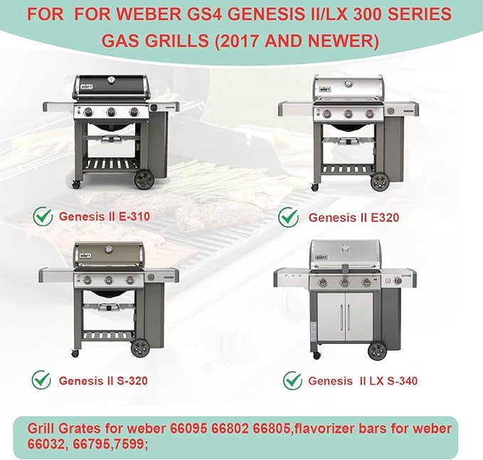 66095 Grill Grates & 66032 Flavorizer Bars for Weber GS4 Genesis II/LX 300 Series, Grill Parts for Genesis II S-310,E-330,E-310,S-330,S-335,E-345,SE-310, Cast Iron Grids for Weber 66795, 66802